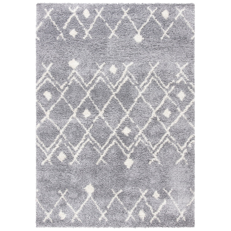 Gray Geometric Hand-knotted Shag Rug, 5' x 7'
