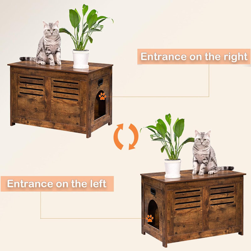 Rustic Brown Wooden Cat Litter Box Enclosure Cabinet