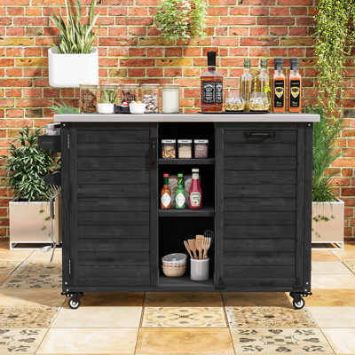 Chariot de barbecue pliable avec plateau en acier inoxydable, armoire à déchets, tablettes et roues réglables