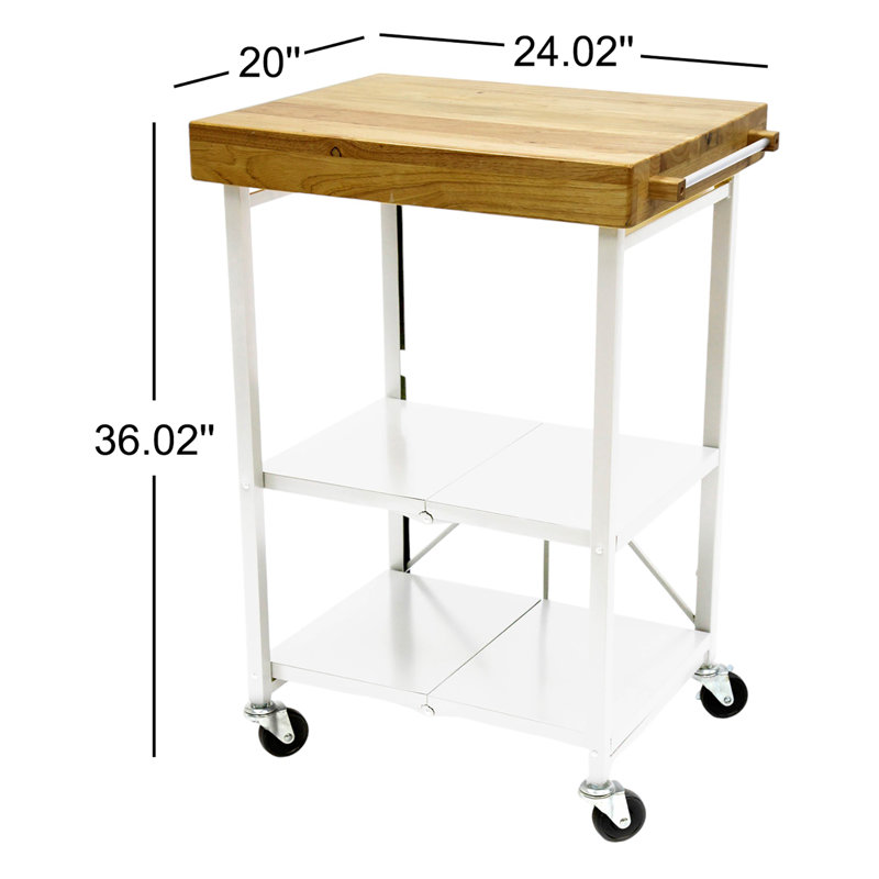 Origami Foldaway Rolling Kitchen Cart Solid Wood Top, White