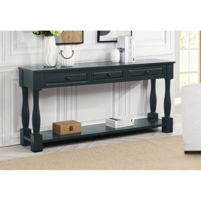 Console en bois bleu marine de 160 cm avec tiroirs et tablette, style transitionnel pour couloir, entrée, salon, qualité, assemblage requis, étagère, 3 tiroirs, style méditerranéen