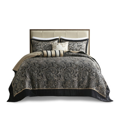 5 Piece Queen Bedspread - Black With Paisley Pattern And Fabric Cover Design Comfortable Padding