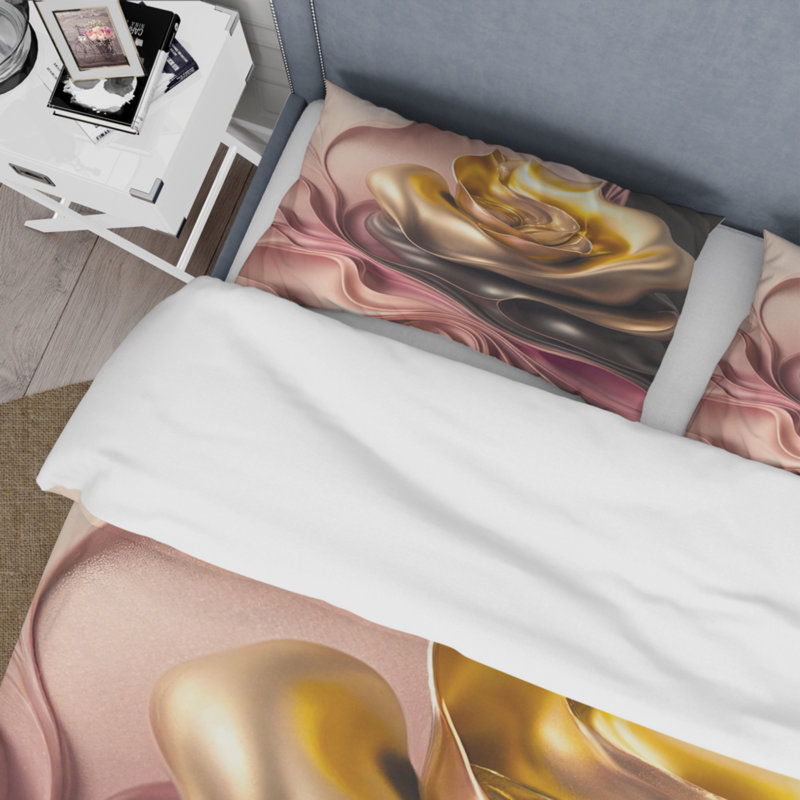 Stylish Glam Flowers In Gold And Taupe I - Floral Duvet Cover Set - Microfiber Polyester