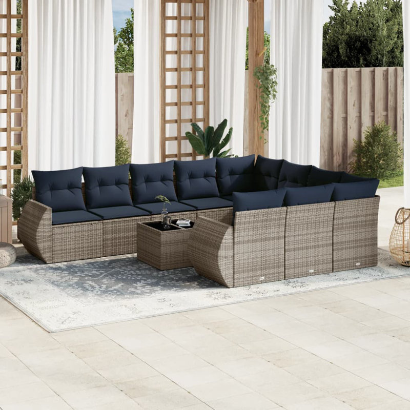 Ensemble de canapé de patio 11 pièces avec coussins en rotin de polyester, Gris, Bleu foncé