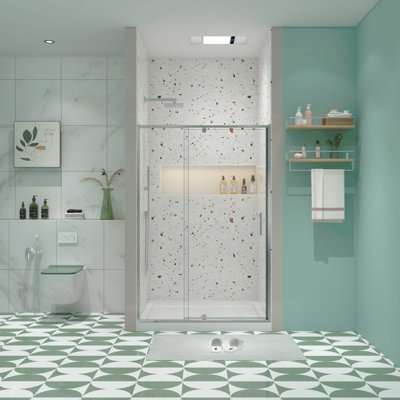 Porte de douche en verre pivotante de 44 à 48 po x H 71 po Piovt, porte de douche coulissante à cadre pivotant avec verre trempé clair de 1/4 po (6 mm), à finition chromée, portes réversibles, installation réversible