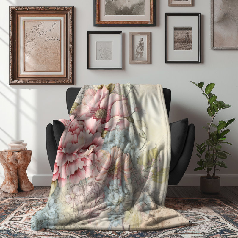 Bouquet de fleurs de rose pastel - couverture en sherpa de qualité supérieure 1 pièce - reproduction d'art luxueuse