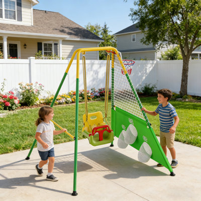 3-in-1 Toddler Swing Set with Basketball Hoop and Soccer Goals , Indoor/Outdoor Baby Swing with Foldable Metal Stand, Kids Swing Set for Backyard, Clear Instructions, Easy to Assemble & Store