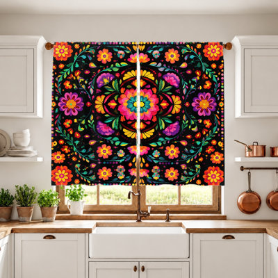 2Pcs Colorful Floral Tapestry Curtains, Light Filtering Fabric, Vintage Bohemian Mandala Print, Sunshade & Privacy, Rod Pocket Design, Ideal for Living Room, Bedroom, Balcony, Kitchen Home Decor