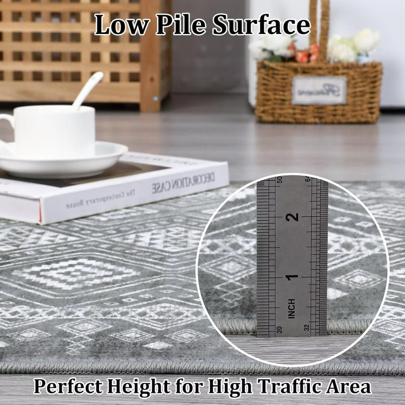 8x10 Geometric Washable Area Rug – Non-Slip, Easy-Clean Modern Farmhouse Carpet for Living Room, Bedroom, Non-Shedding, Distressed Throw Rug, Grey