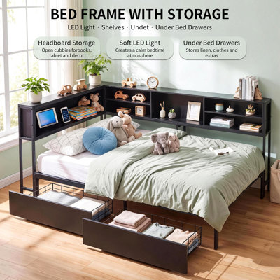 Bed Frame with Storage Bookcase, Twin Daybed with LED Lights & 2 Drawers, Metal Platform Bed with Headboard and Charging Station