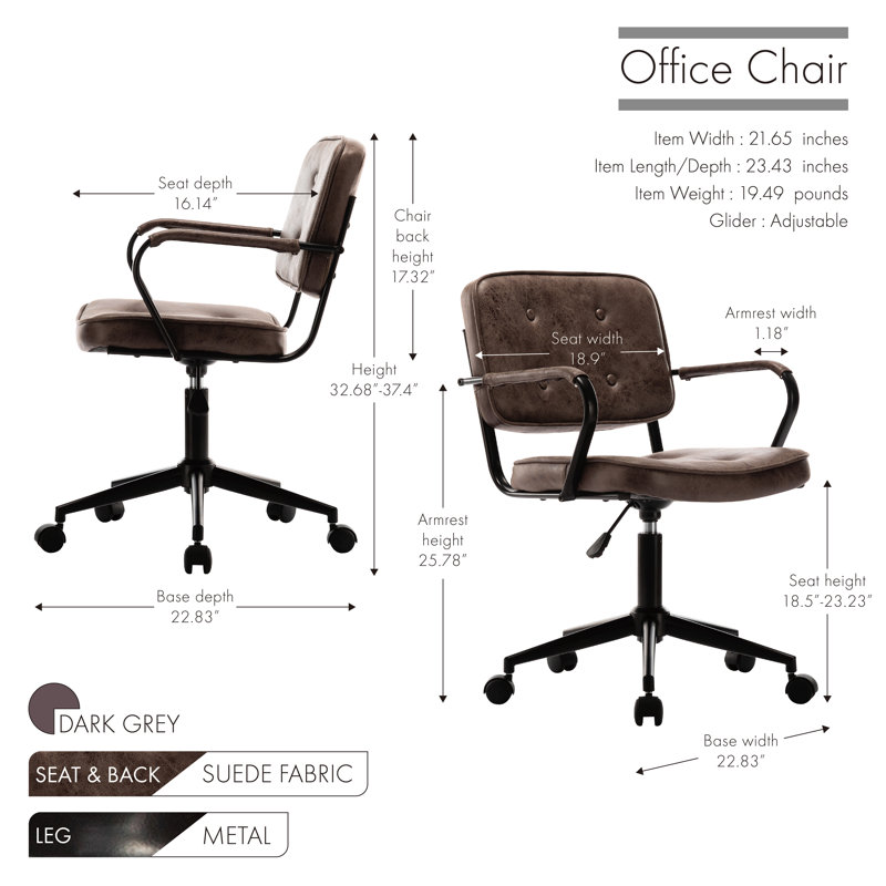 Caroli Suede Office Chair, Dark Grey