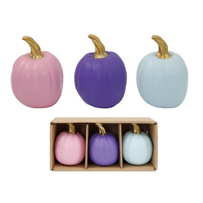 Ensemble de 3 sculptures citrouilles en résine multicolores dans une boîte Kraft