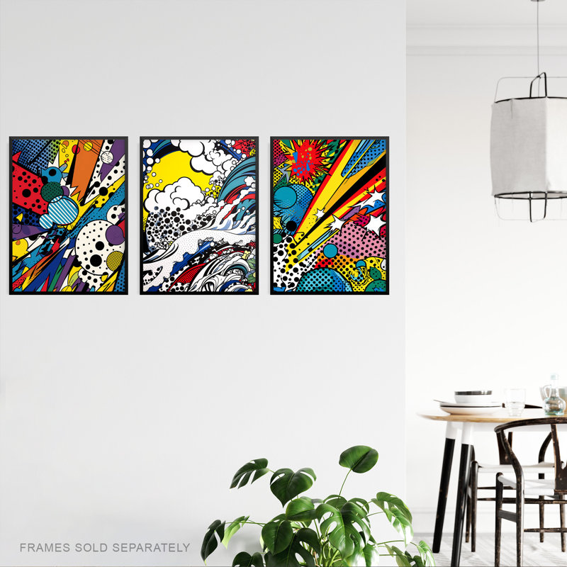 Abstract Pop Vibrant Comic Book Style Bang Colour Explosion - 3 Piece No Frame Print Set, 40.5cm H x 30.5cm W x 0.3cm D