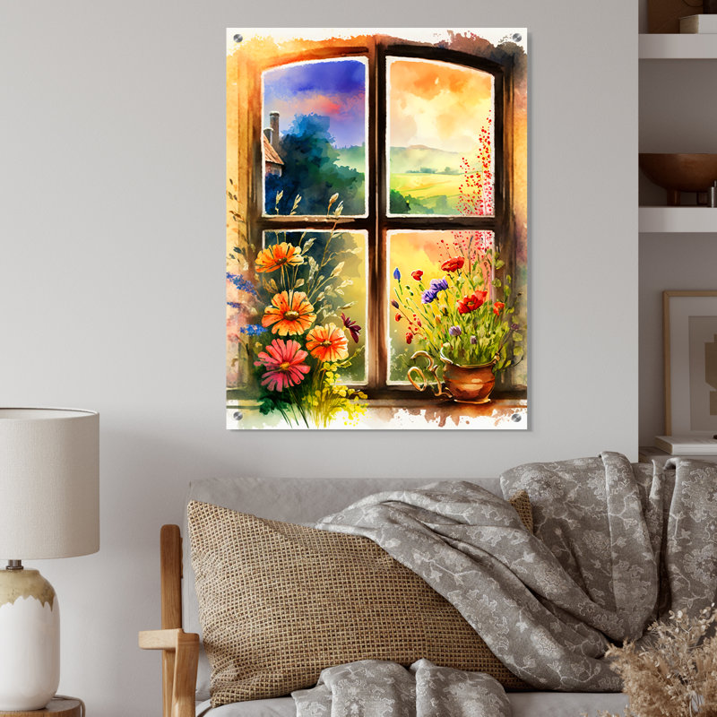 Été coucher de soleil floral fenêtre II - ferme fenêtres, art mural acrylique, H 32 po x l 24 po