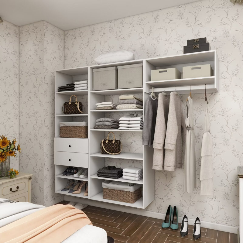 White Modular Walk in Closet Organizer System with a rod 12 shelves and 2 drawers