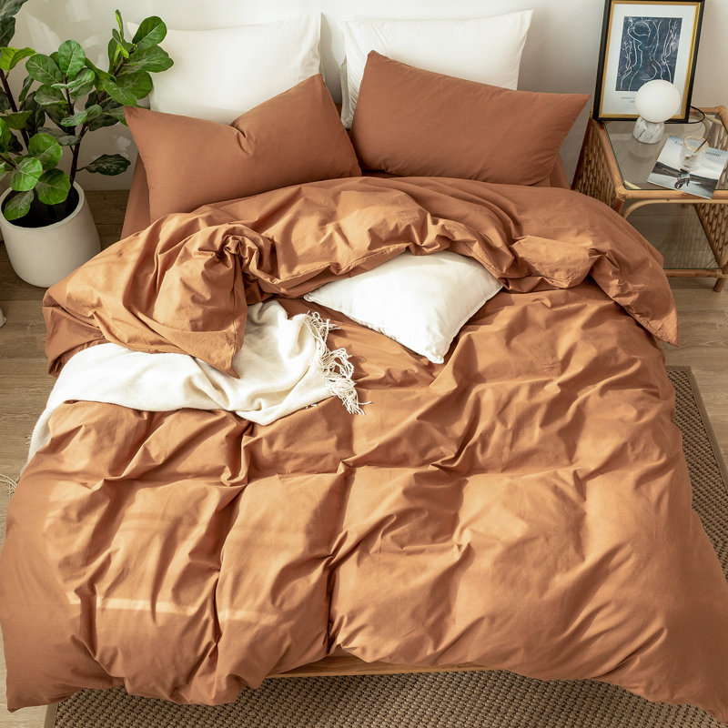 King Dark Orange Linen-Like Cotton Duvet Cover Set