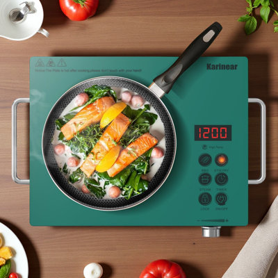 Poêle électrique portatif avec prise Karinear, plaque chauffante électrique, plaque de cuisson électrique à brûleur simple avec poignée, brûleur de comptoir infrarouge en céramique 1800 W, minuterie, verrou de sécurité