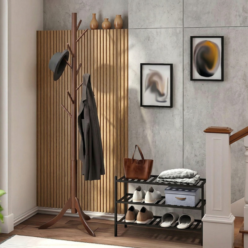 Bamboo Freestanding Coat Rack, 8 Hooks Entryway Organizer For Jackets, Hats, Bags, Scarves & Umbrellas (Brown), Brown