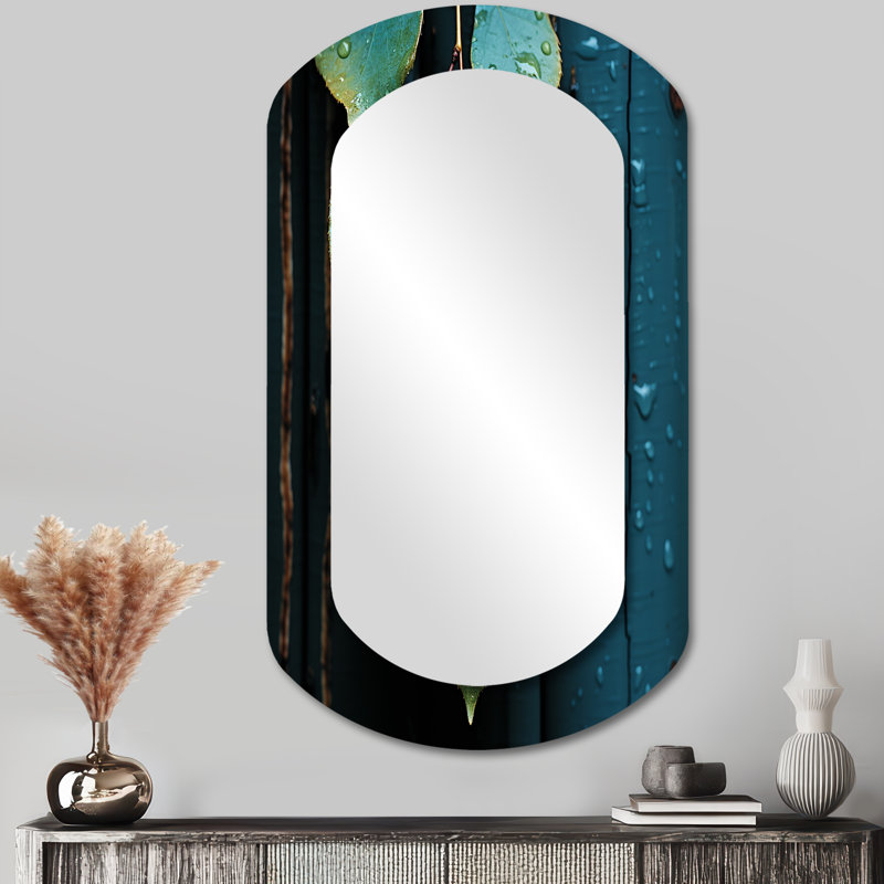 «Aqua Leaves Photo Harmony», miroir unique asymétrique à feuilles, grand miroir mural vert, impression sur métal