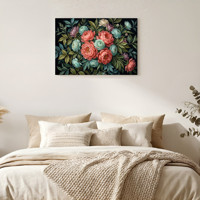 Corail et pivoines bleu sarcelle sur fond sombre, art mural, 16"H x 24"W