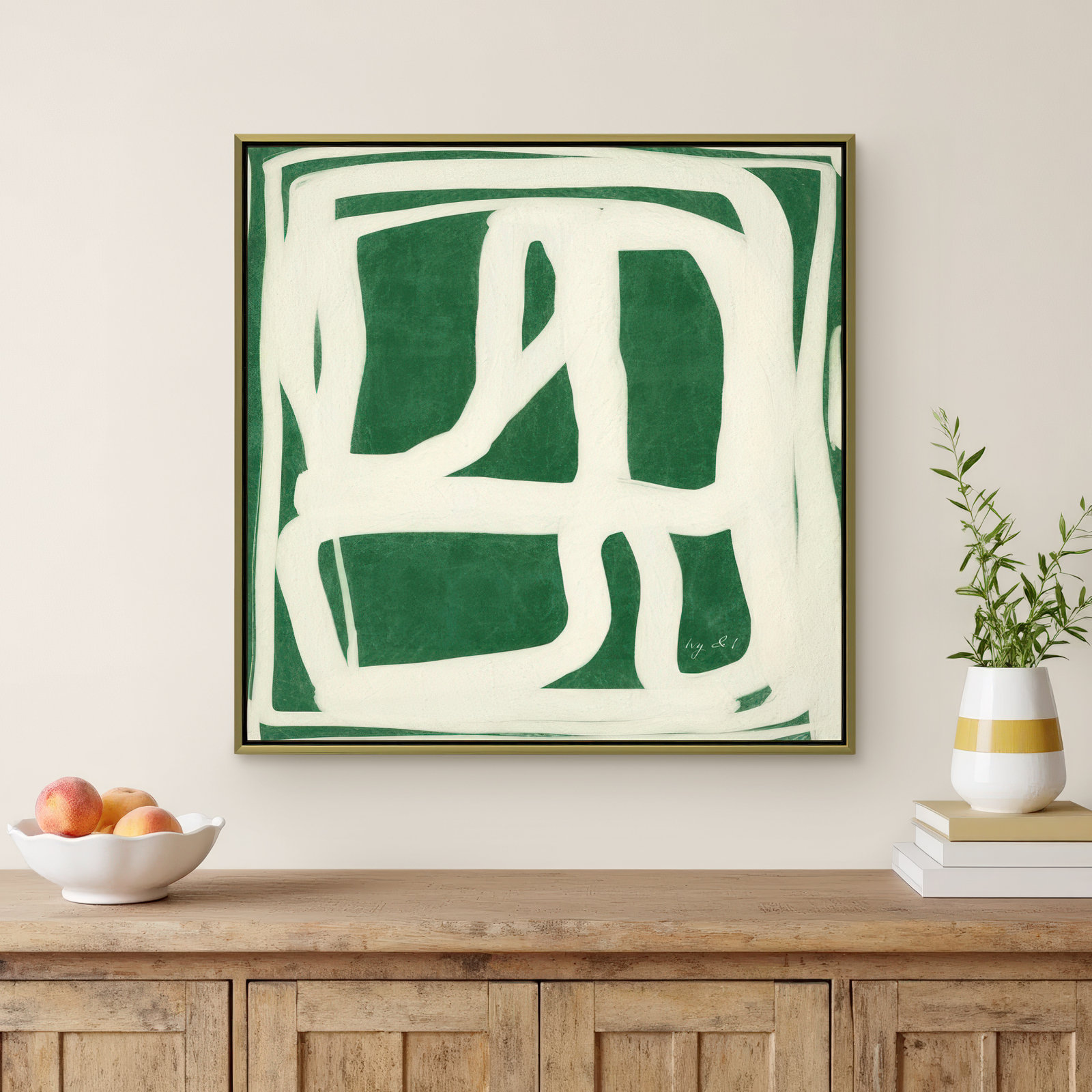 Green White Movement Painting by Ivy and I, 30" H x 30" W x 2" D, Gold Framed Canvas, No