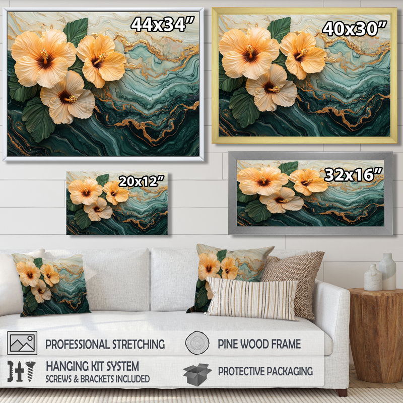 Colmon Hibiscus Flowers Field On A Emerald Stone I - Hibiscus, art mural sur toile, Reproduction encadrée d'une seule photo