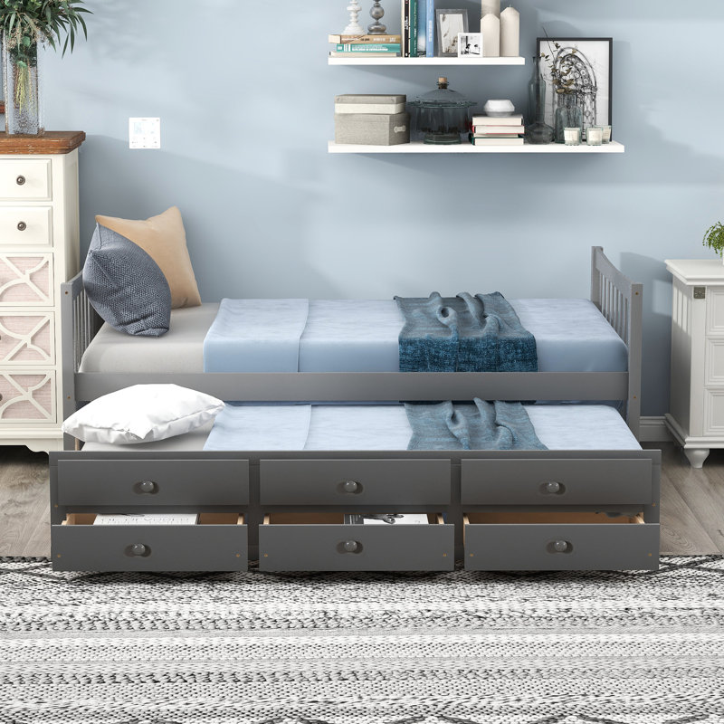 Elegant Grey Twin Daybed With Trundle And Practical Guest Room Drawers In