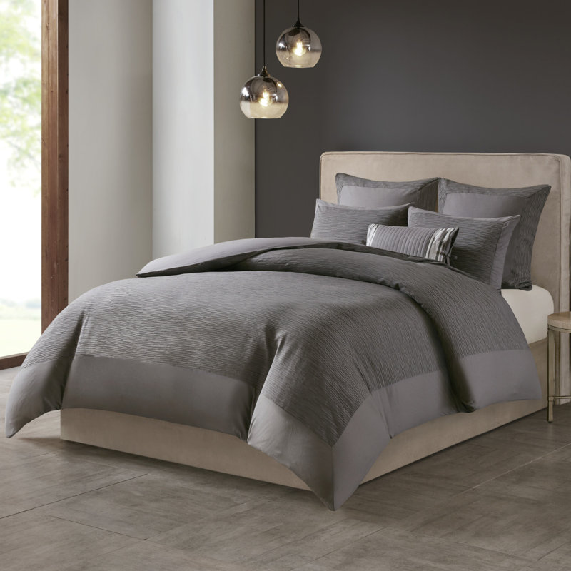 N Natori Hanae Cotton Blend Yarn Dyed Duvet Cover Set, King Duvet Cover + 2 King Shams, Gray