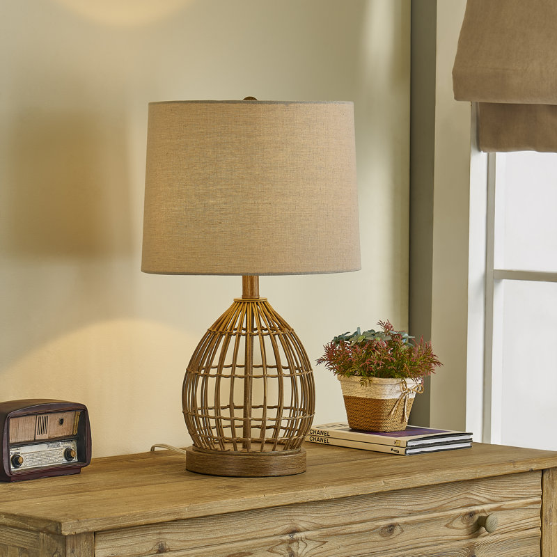 22" Brown Traditional Metal Rattan For Bedroom Living Room Bedside Desk Nightstand Single Table Lamps With Oatmeal Linen Empire Shade