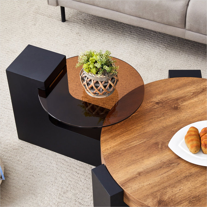Table basse ronde à double couche détachable, plateau en verre brun transparent et pieds en panneau de fibres à densité moyenne noir de jais