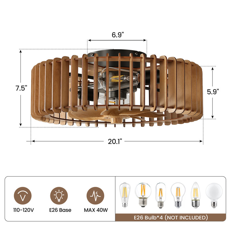 20" Flush Mount Caged Wooden Ceiling Fan With Lights And Remote Control, Light Wood