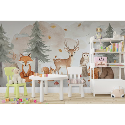 Animaux de la forêt Woodland, graphique mural, pelez et collez, papier peint forêt, chambre de bébé