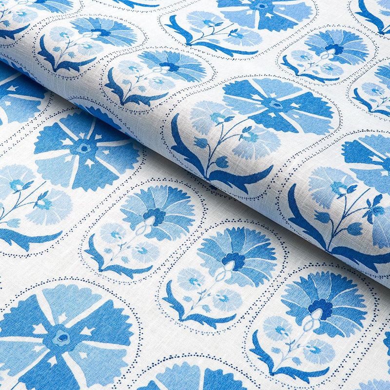 Anjuna Floral Linen Print Fabric, Porcelain