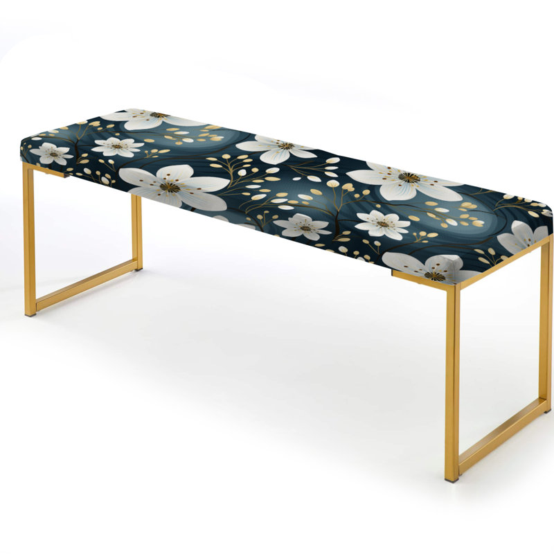 White Coastal Elegance Floral Pattern - Floral Upholstered Gold Bench