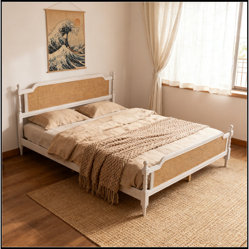 Rattan King Size Bed Frame, Antique White