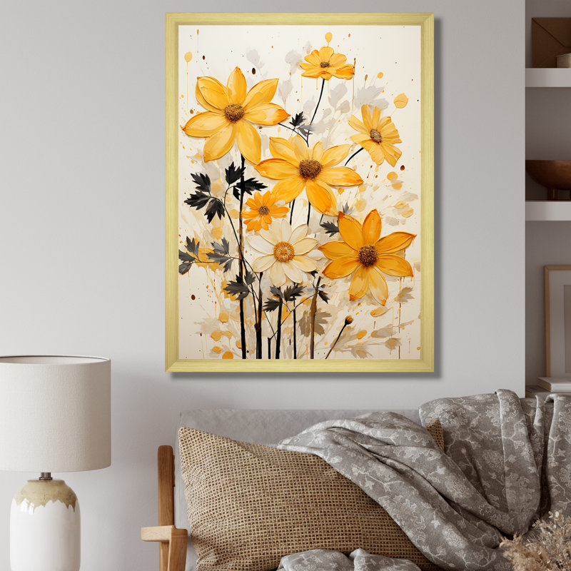 Minimalisme, fleurs orange sur toile, Encadrement doré, H 32 po x l 24 po x P 1 po