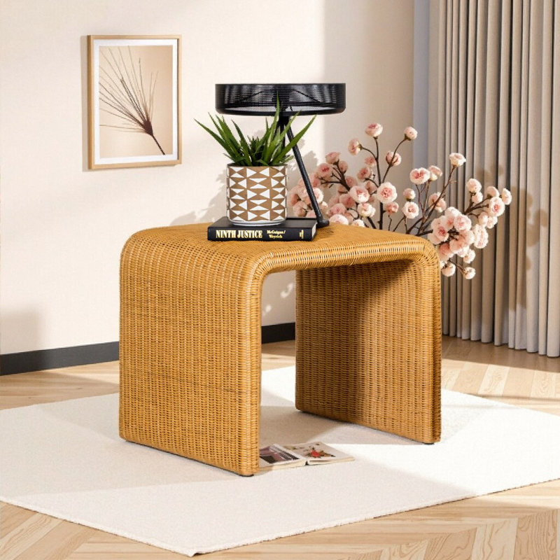 Table de bout carrée en rotin tissé - Accent moderne bohème avec structure en métal naturel