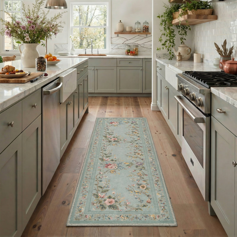 Tapis floral vert lavable à la machine avec envers antidérapant, Tapis de couloir 2 pi 5 po x 8 pi