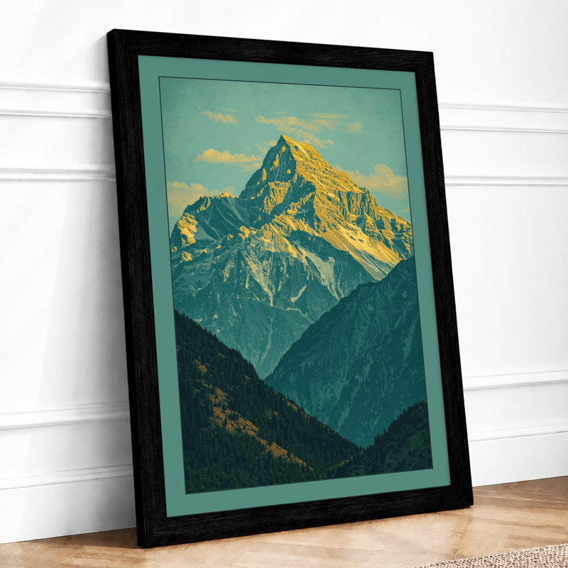 Mountain at Sunrise Scandinavian - Framed Print, A4 - 29.7 x 21.0 cm, Black