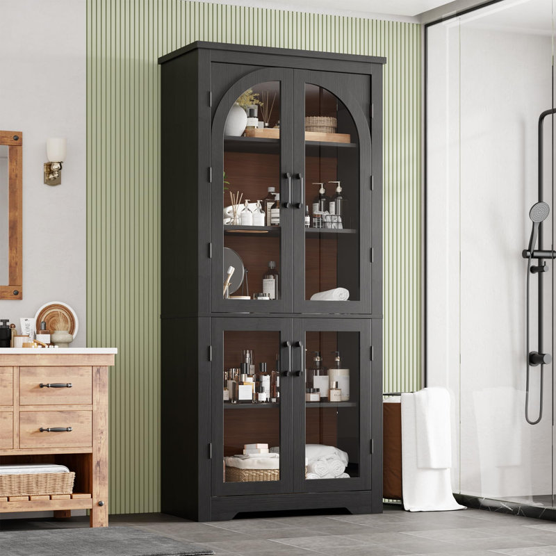 70 po Armoire de cuisine 70 po avec 4 portes en verre arquées, armoire de rangement à tablettes réglables pour la salle à manger de la cuisine