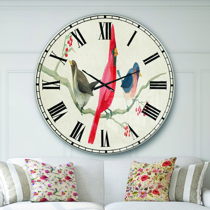 Oiseau de ferme rouge sur une branche - horloge murale, Surdimensionné