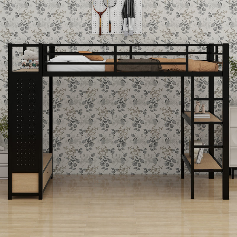 Structure de lit mezzanine en métal avec garde-robe, tablettes de rangement et panneau perforé