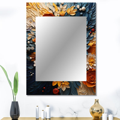Orange et bleu sarcelle botanique tourbillon IV - miroir mural décoratif botanique, miroir moderne, impression d'art en métal
