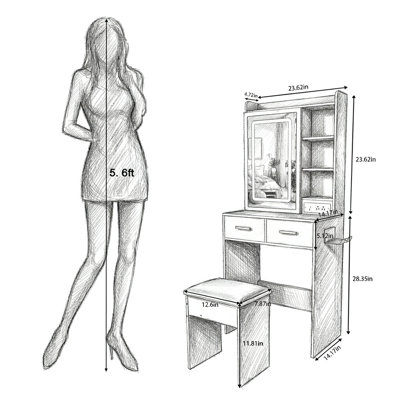 Petit bureau de coiffeuse avec miroir et lumières DEL réglables, prise de courant intégrée et rangement dissimulé, comprend tabouret et tablette rembourrés, coiffeuse pour petites chambres, rose