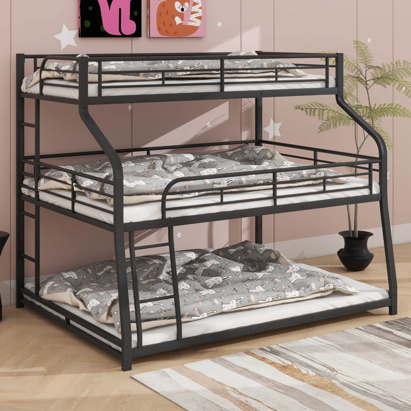 Triple Bunk Bed In Twin XL/Full XL/Queen Sizes, Equipped With Combined Ladders And Full-Length Safety Railings, Black