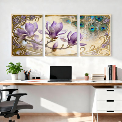 Mauve magnolia et plumes de paon Art déco, reproduction d'art sur toile tendue sur toile, ensemble de 3