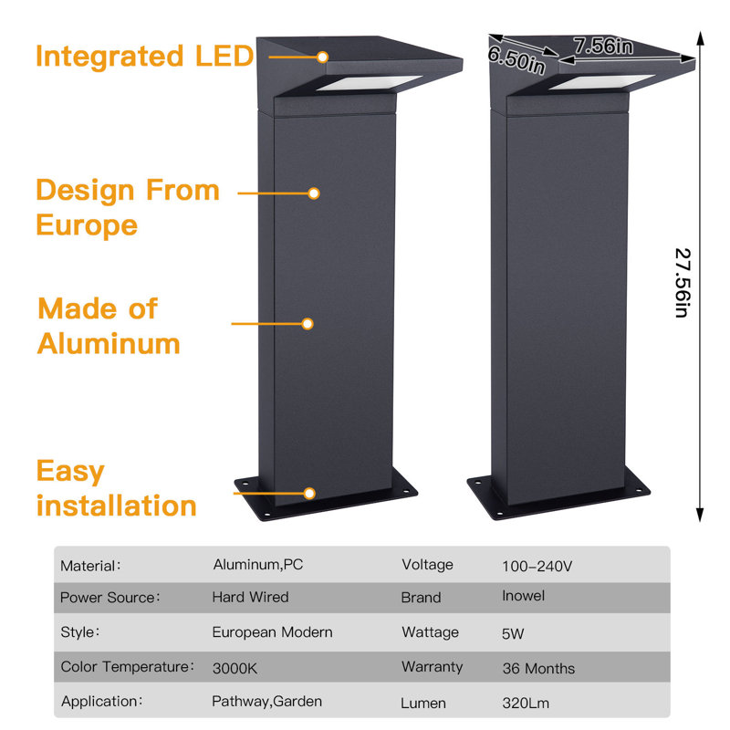 Integrated LED Metal Pathway Light, 27.56" H x 7.6" W x 6.5" D, Grey