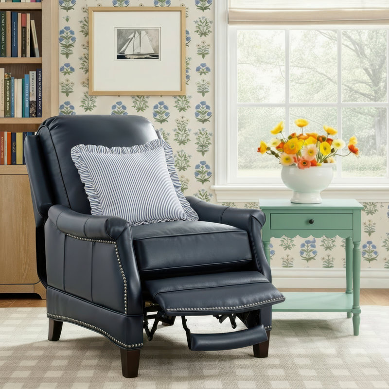 Dunlevy Recliner, Barone Navy Blue Split Grain Leather