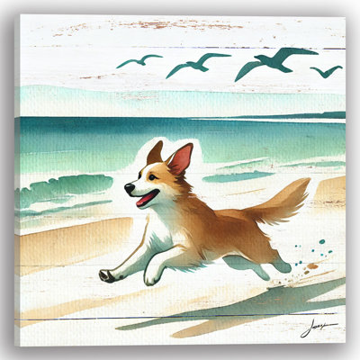 Corgi Beach Play Wrapped Canvas Wall Art