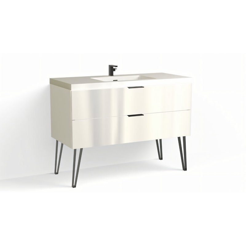 Avila 48" W Freestanding Single Bathroom Vanity with Dawson Leg, Gloss White/Single, White Acrylic, Matte Black